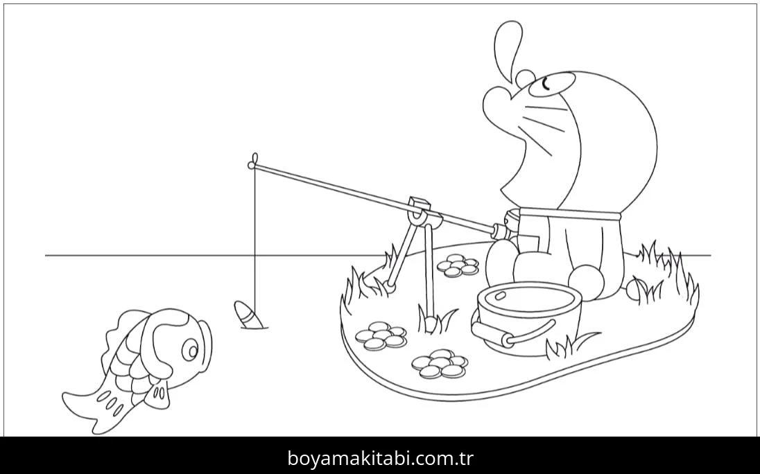 Balık Tutma boyama sayfası – sevimli karakter, sanatsal çalışma