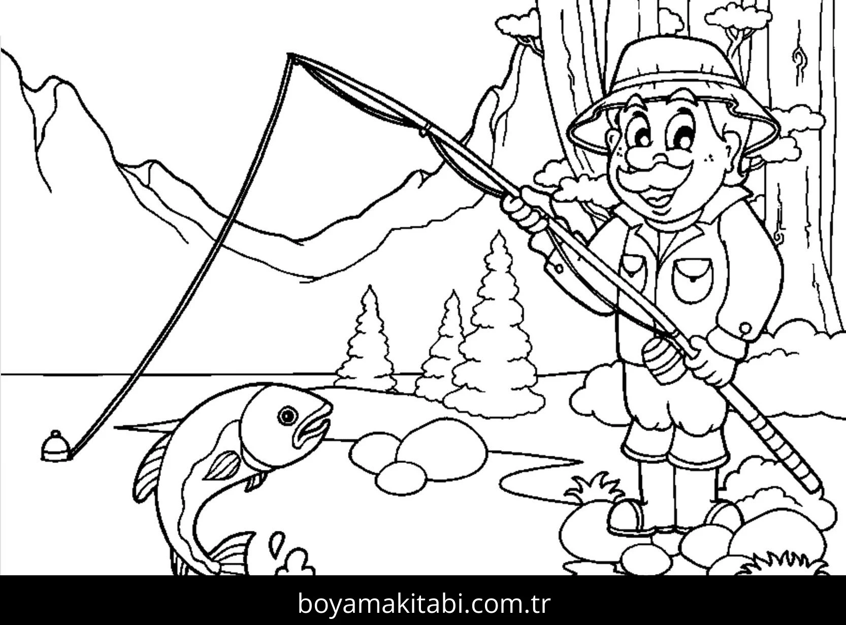 Balık Tutma boyama sayfası – çocuk aktivitesi, PDF indir