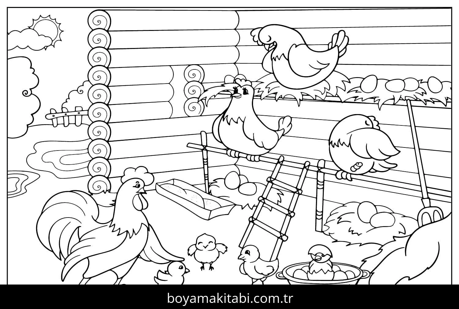 Çiftlik boyama sayfası – PDF indir, sevimli karakter