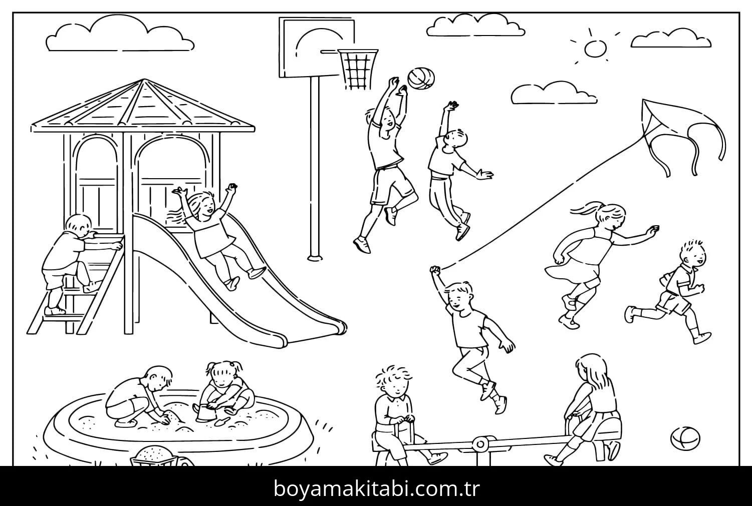 Oyun Parkı boyama sayfası #6 – çocuklarla kaliteli zaman, yaratıcılığı geliştirir