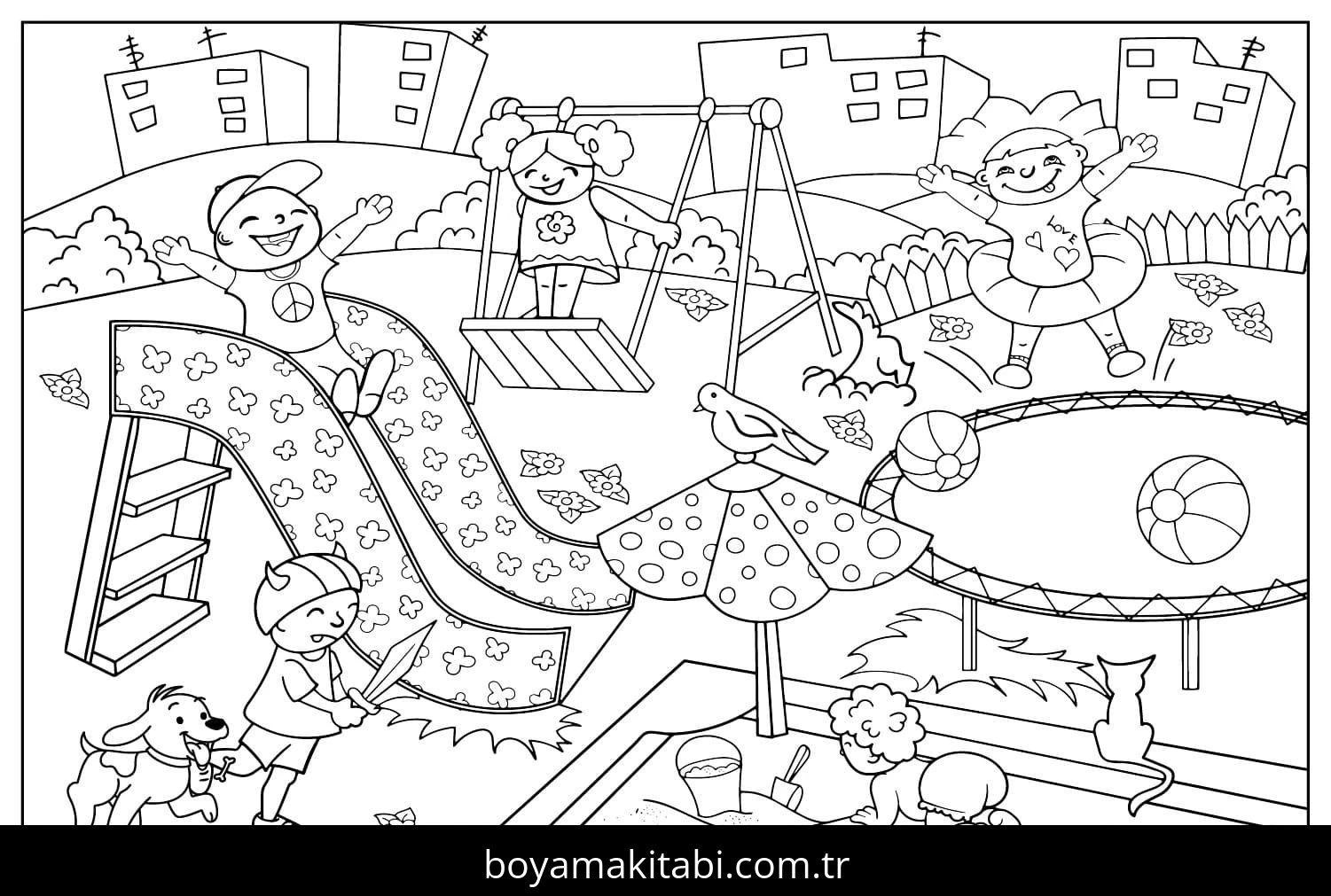 Oyun Parkı boyama sayfası – sevimli karakter, sanatsal çalışma