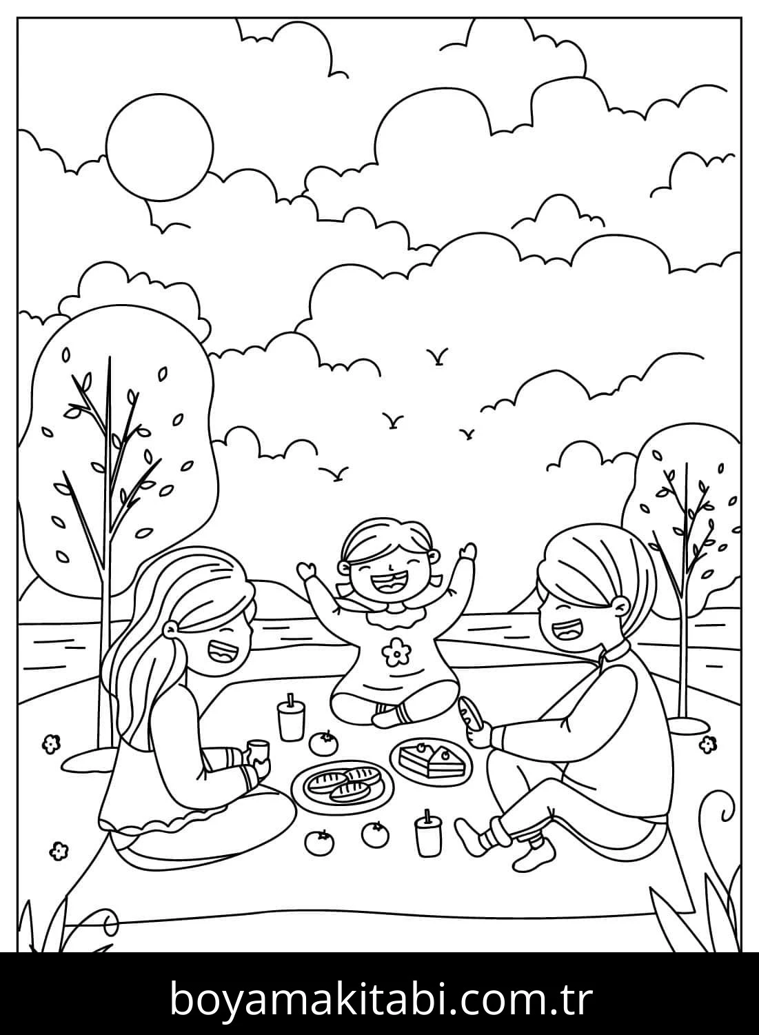 Piknik boyama sayfası – PDF indir, sevimli karakter