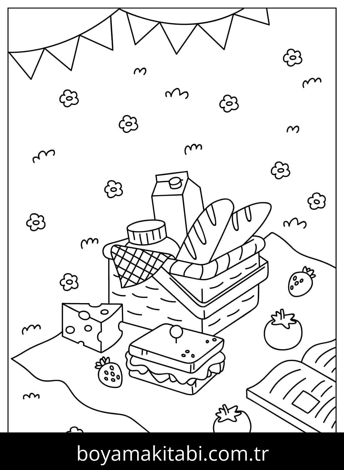 Piknik boyama sayfası – çocuk aktivitesi, PDF indir