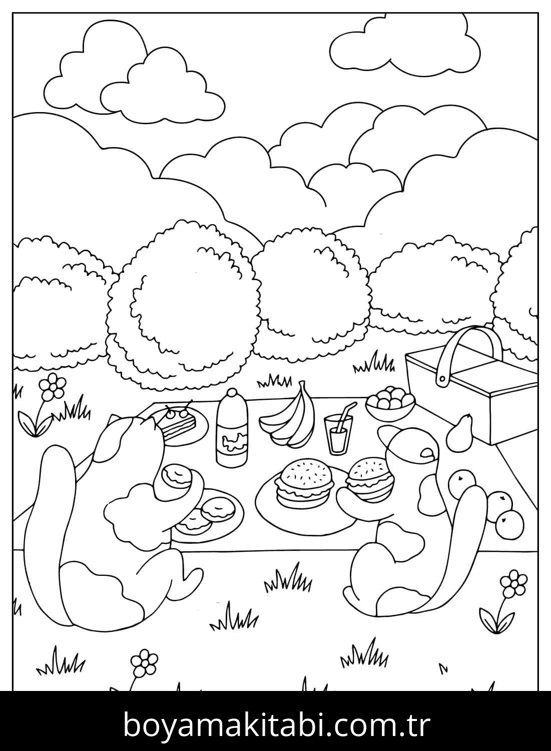 Piknik boyama sayfası – PDF indir, sevimli karakter