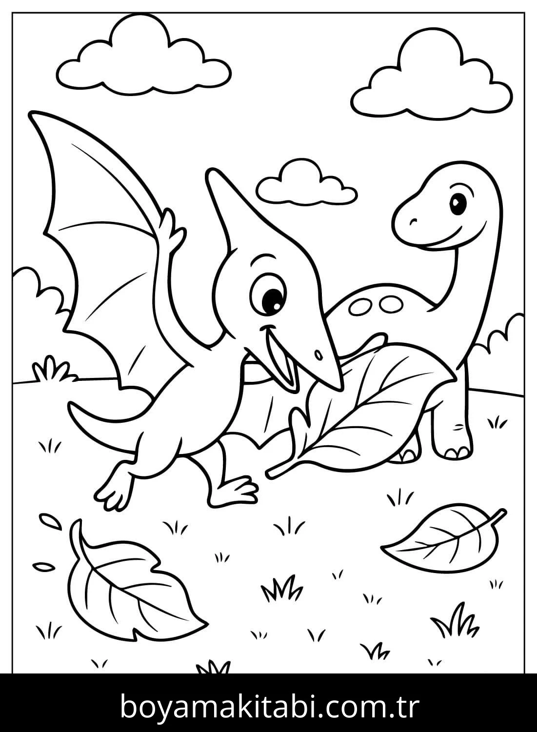 Pterodactyl Dinazor boyama sayfası – sevimli karakter, sanatsal çalışma