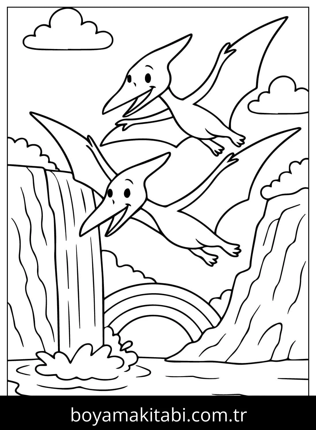 Pterodactyl Dinazor boyama sayfası – PDF indir, sevimli karakter
