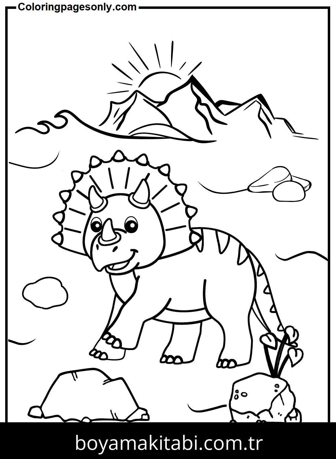 Triceratops Dinazor boyama sayfası – PDF indir, sevimli karakter