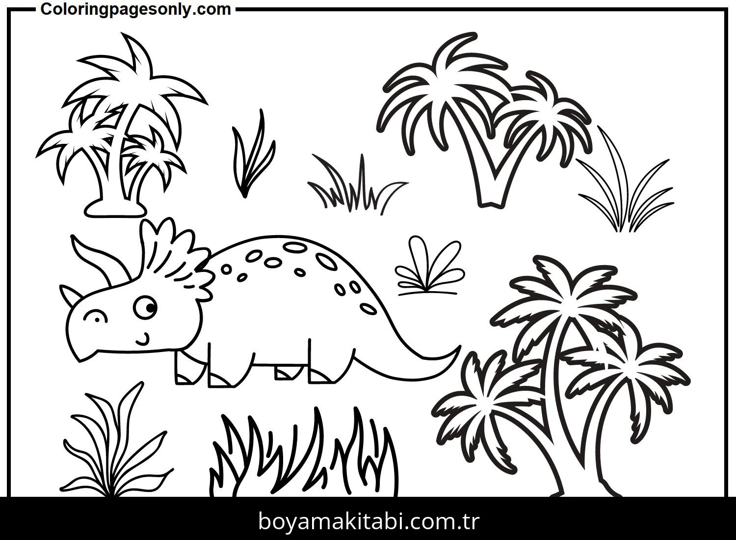 Triceratops Dinazor boyama sayfası – sevimli karakter, sanatsal çalışma
