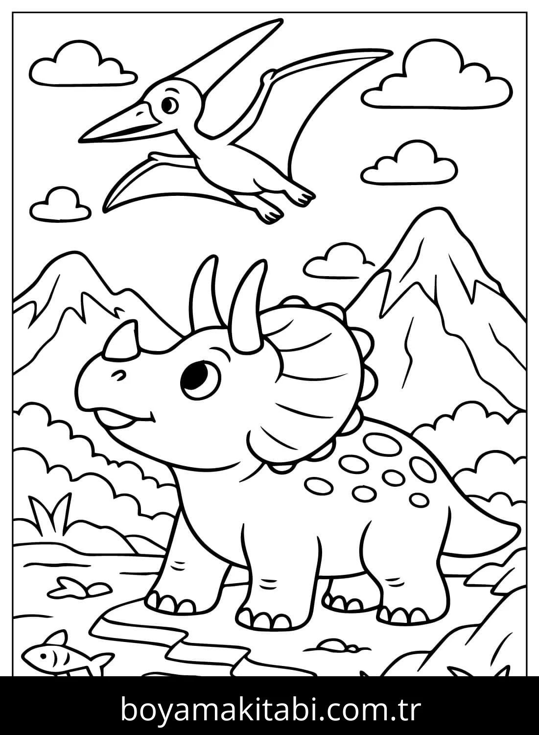 Triceratops Dinazor boyama sayfası – keyifli zaman, renkli çizimler