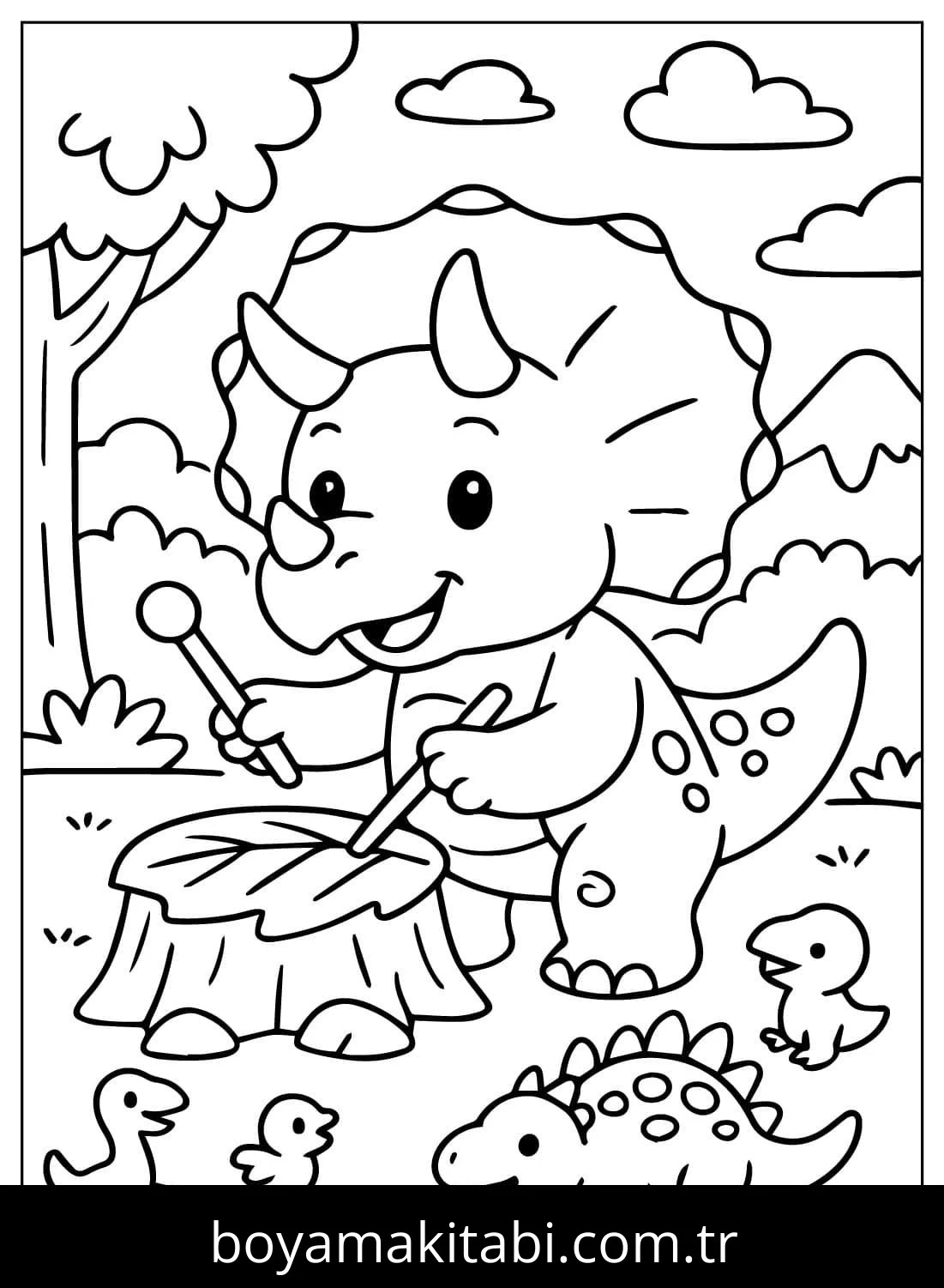 Triceratops Dinazor boyama sayfası – renkli çizimler, okul öncesi