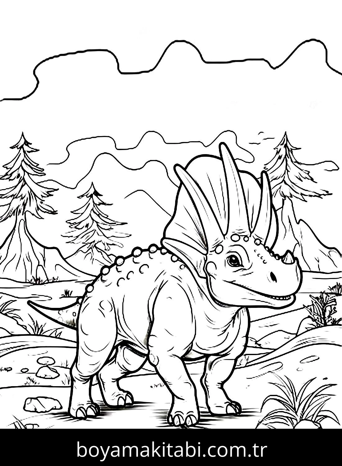 Triceratops Dinazor boyama sayfası – PDF indir, sevimli karakter