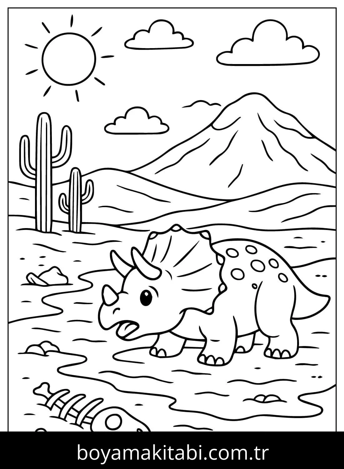 Triceratops Dinazor boyama sayfası – kolay boyama, eğitici aktivite