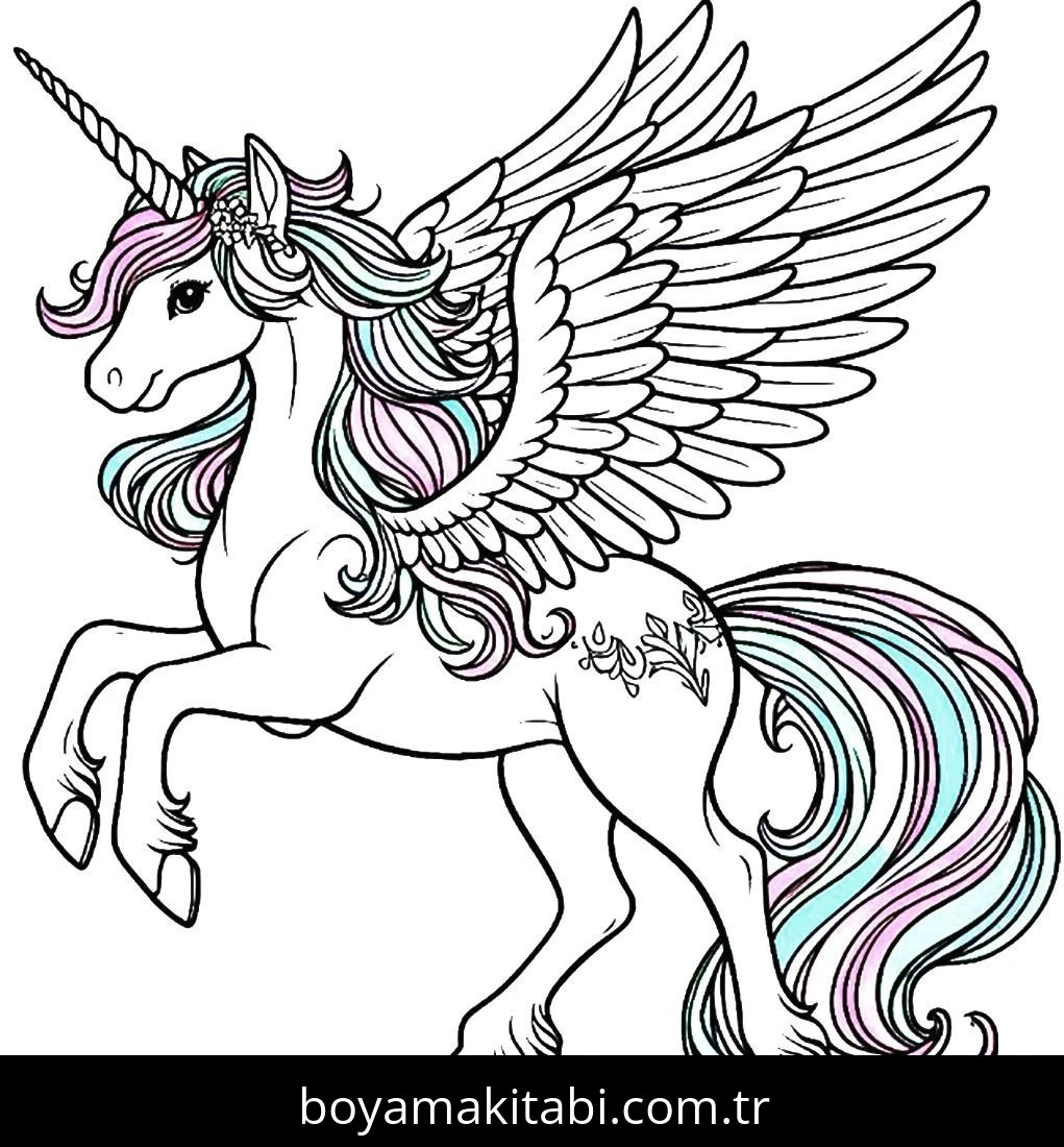 Alicorn boyama sayfası – çocuk aktivitesi, PDF indir