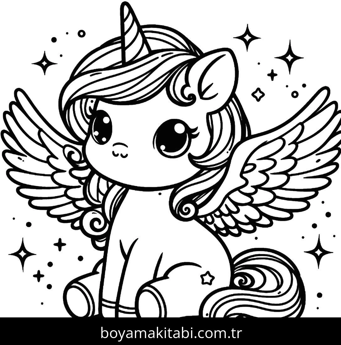 Alicorn boyama sayfası – basit çizim, kolay boyama