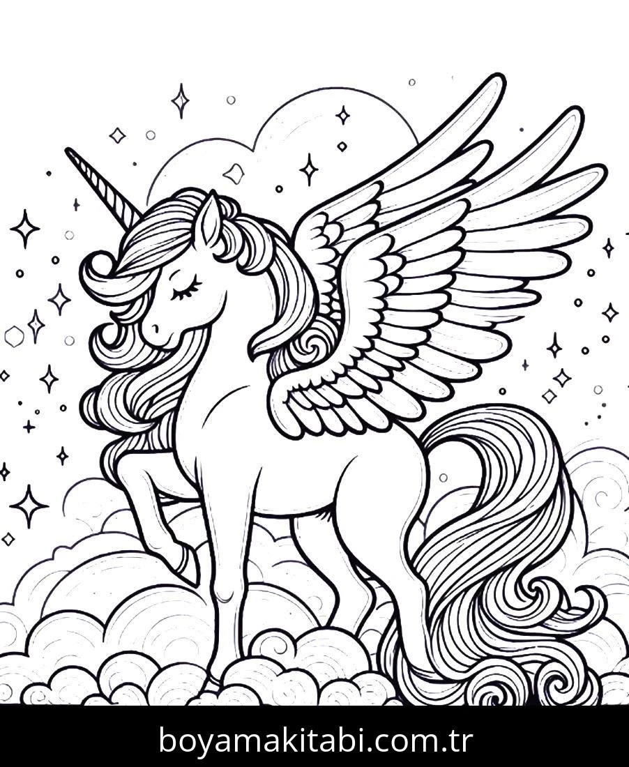 Alicorn boyama sayfası – çizgi film temalı, basit çizim