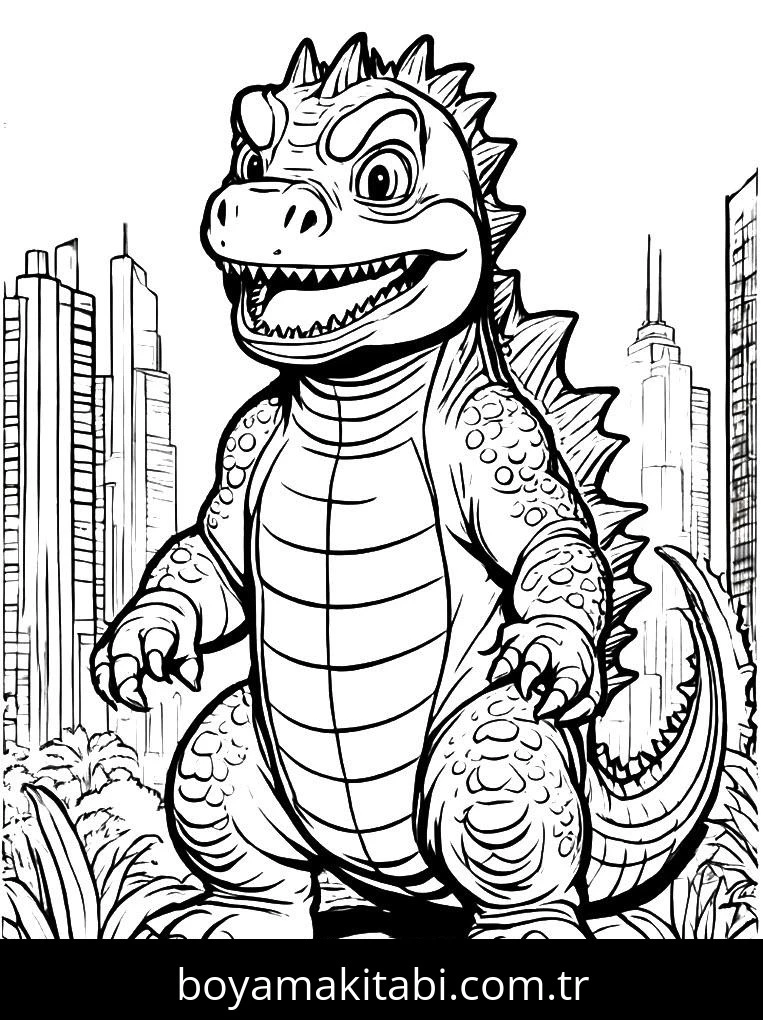Godzilla boyama sayfası – basit çizim, kolay boyama