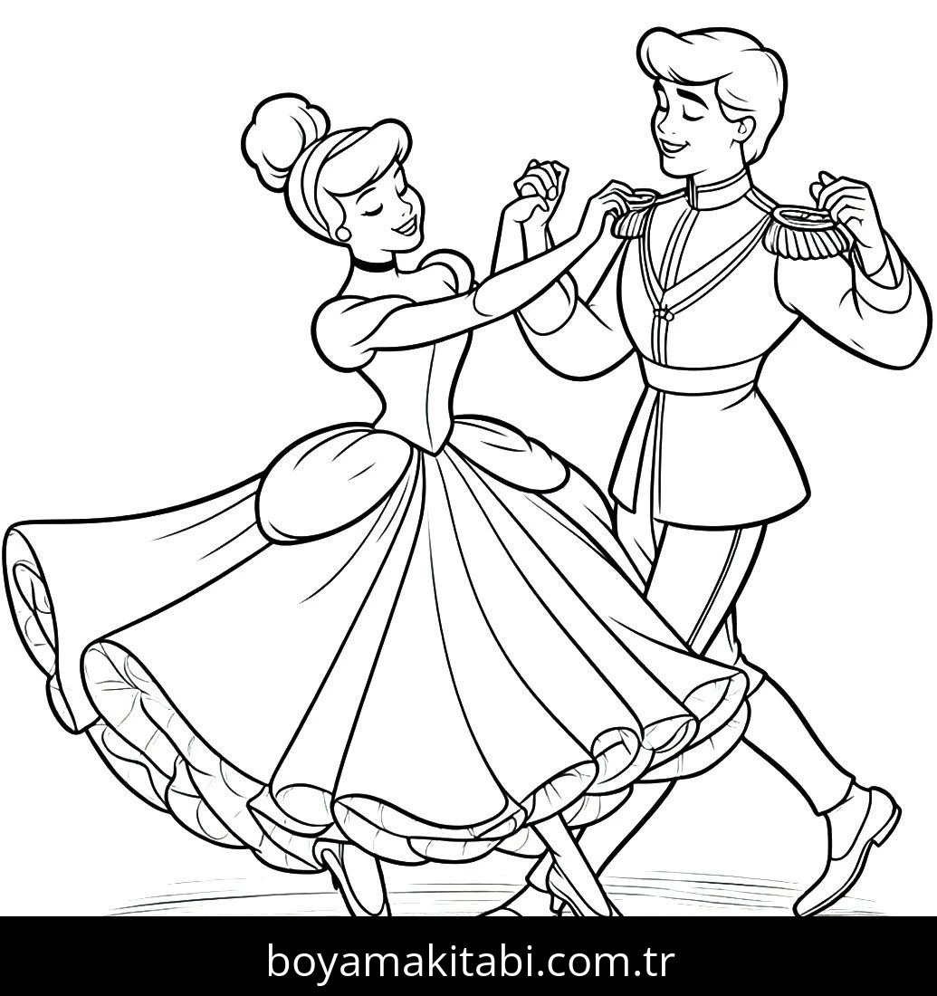 Cinderella boyama sayfası – basit çizim, kolay boyama