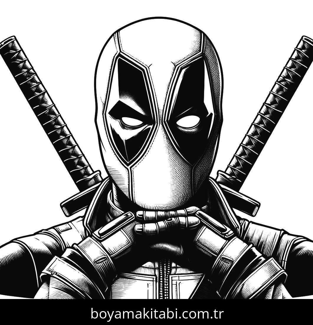 Deadpool boyama sayfası – çizgi film temalı, basit çizim
