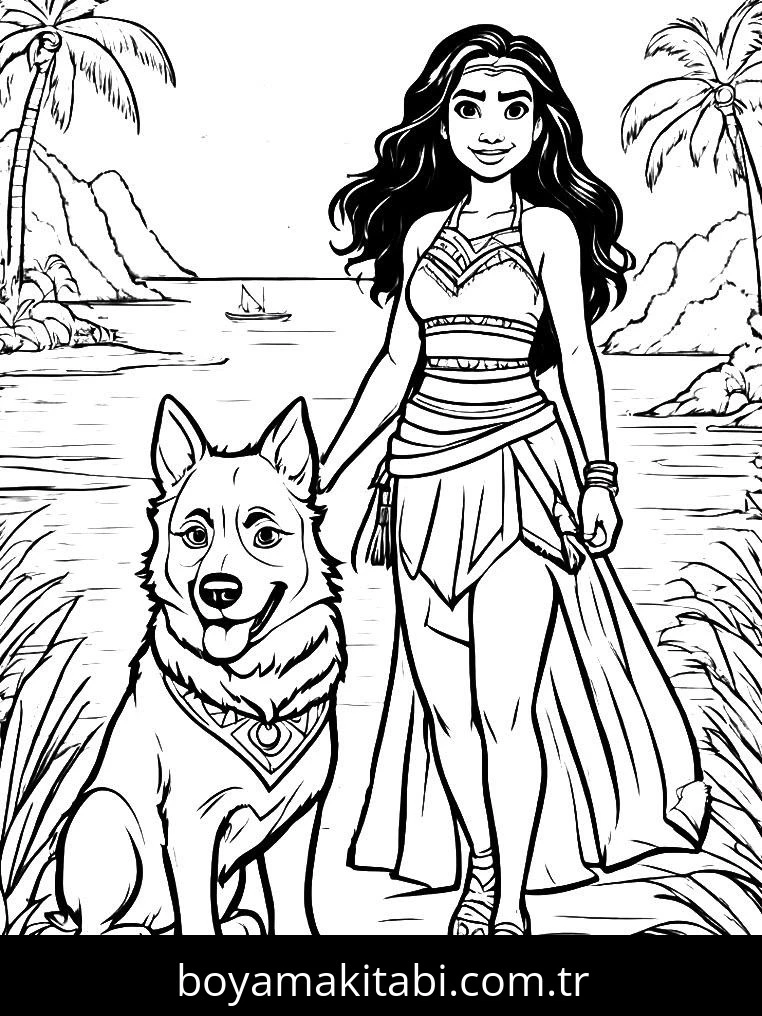 Moana boyama sayfası – sevimli karakter, sanatsal çalışma