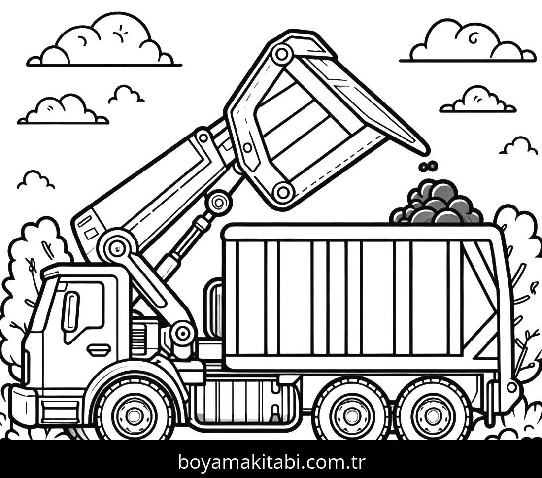 Çöp Kamyonu boyama sayfası – çizgi film temalı, basit çizim