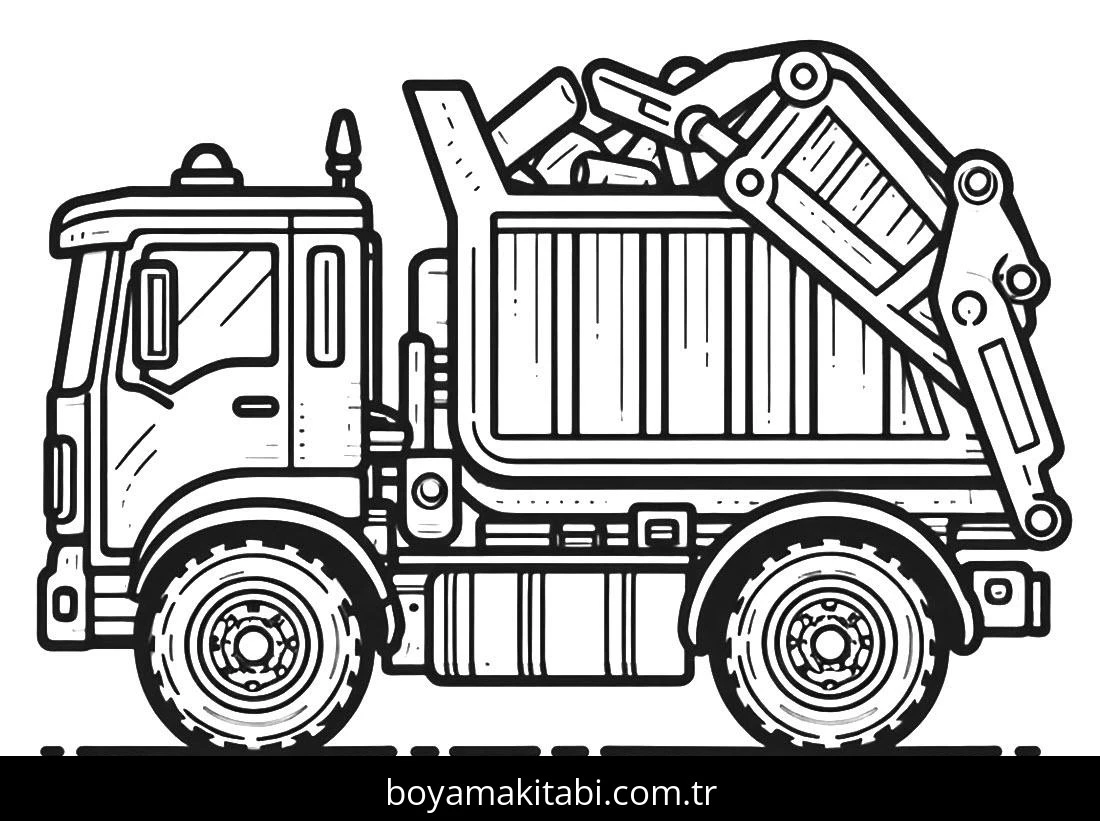 Çöp Kamyonu boyama sayfası – basit çizim, kolay boyama