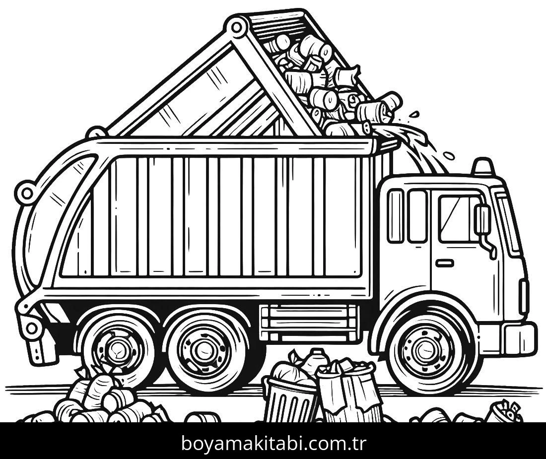 Çöp Kamyonu boyama sayfası – renkli çizimler, okul öncesi