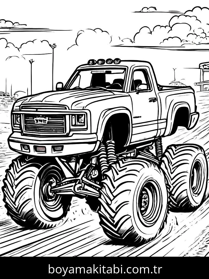 Monster Truck boyama sayfası – çocuk aktivitesi, PDF indir