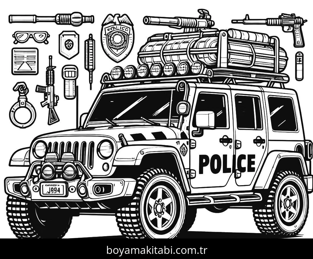 Polis Arabası boyama sayfası – boyama etkinliği, çocuk aktivitesi