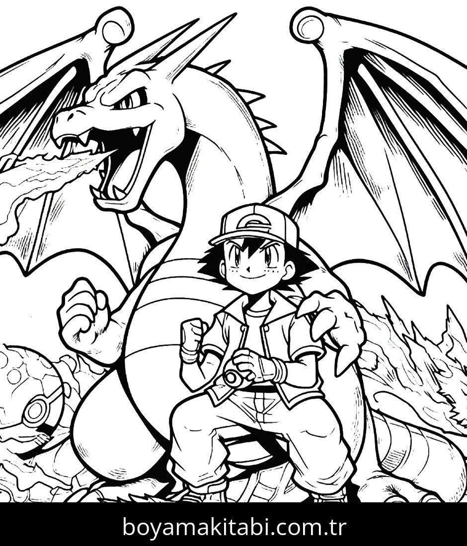 Ash Ketchum boyama sayfası – eğitici aktivite, yaratıcılık