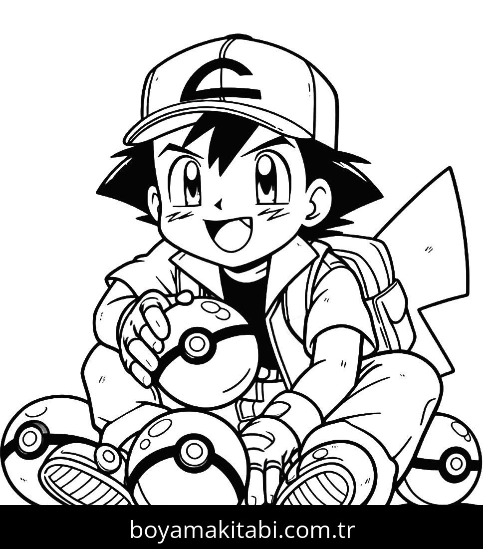 Ash Ketchum boyama sayfası – keyifli zaman, renkli çizimler