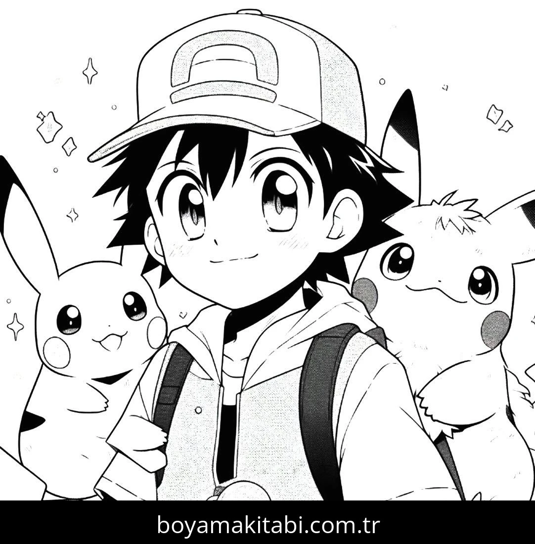 Ash Ketchum boyama sayfası – evde etkinlik, ücretsiz yazdır