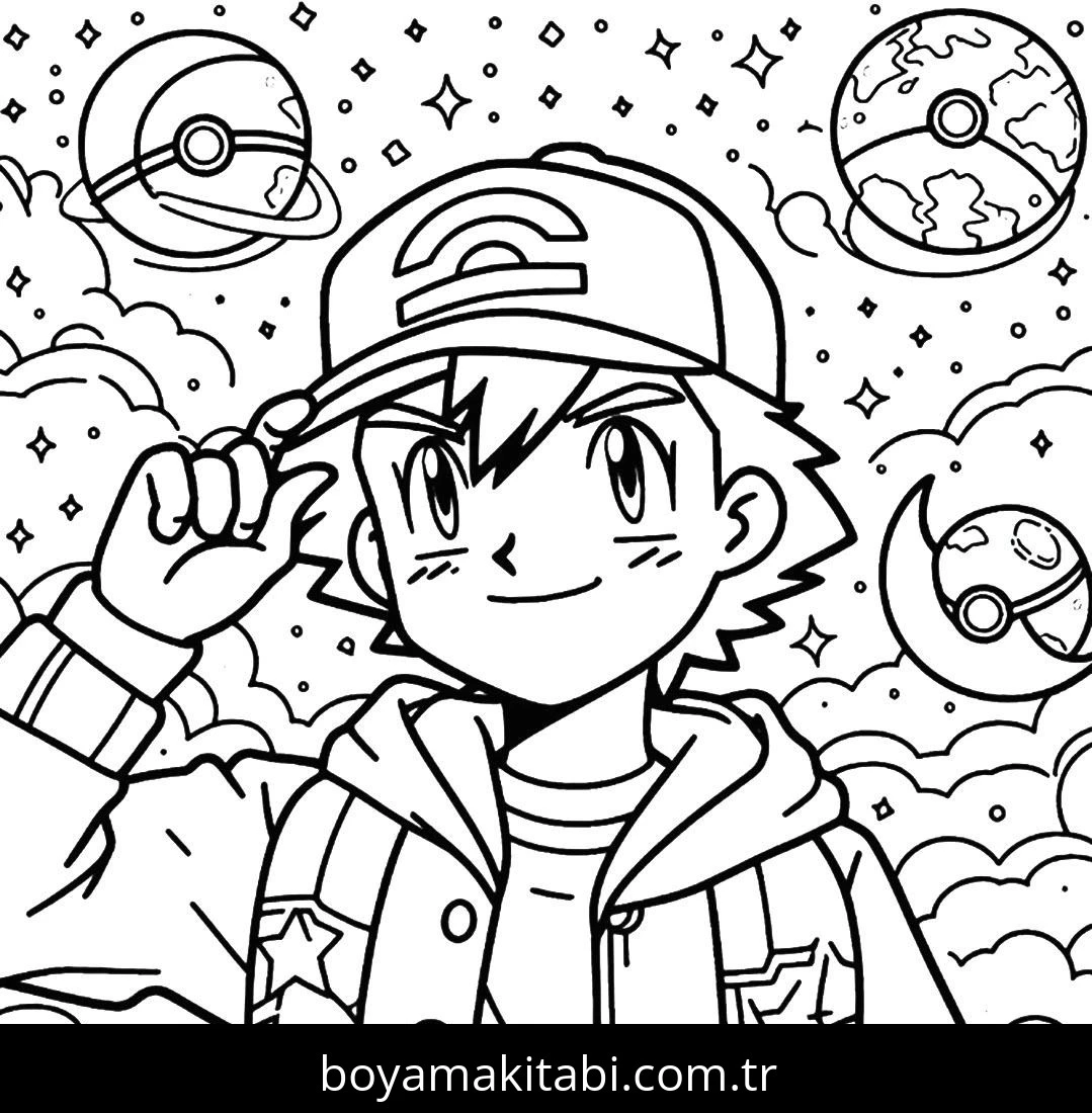 Ash Ketchum boyama sayfası – sanatsal çalışma, çocuklar için