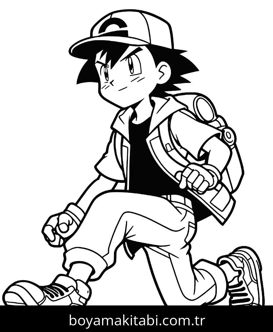 Ash Ketchum boyama sayfası – basit çizim, kolay boyama