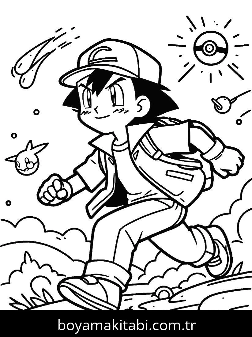 Ash Ketchum boyama sayfası – yaratıcılık, eğlenceli etkinlik