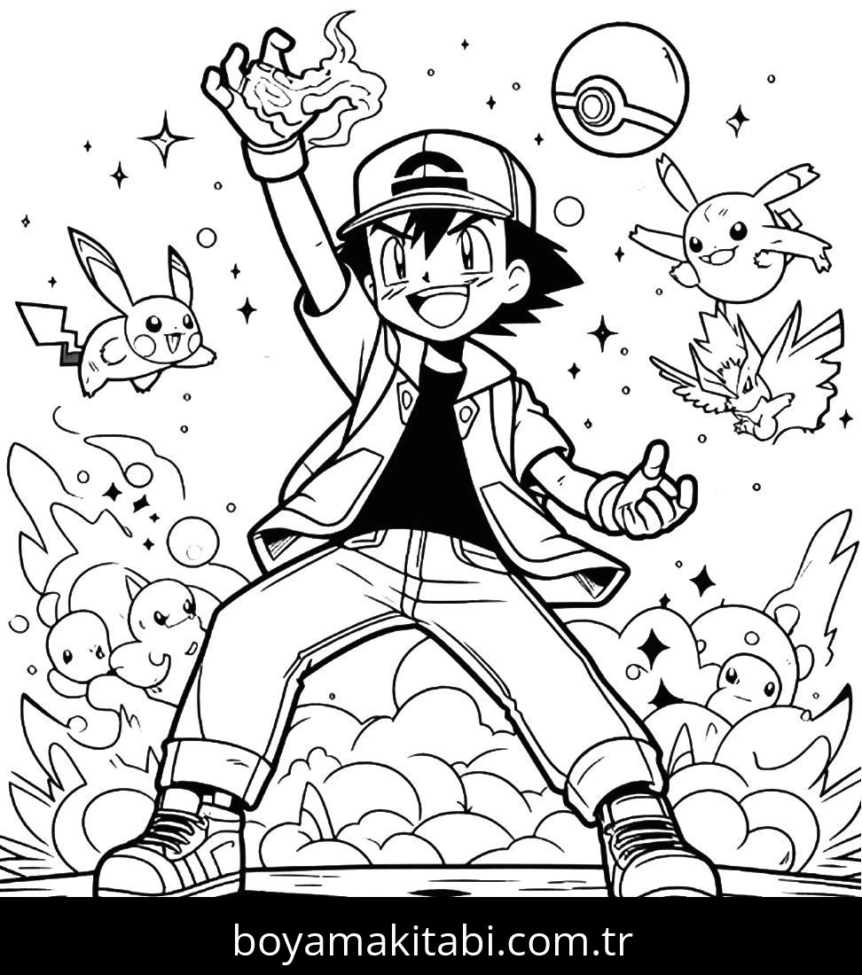 Ash Ketchum boyama sayfası – PDF indir, sevimli karakter