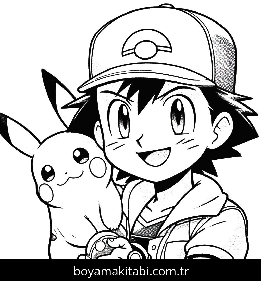 Ash Ketchum boyama sayfası – kolay boyama, eğitici aktivite