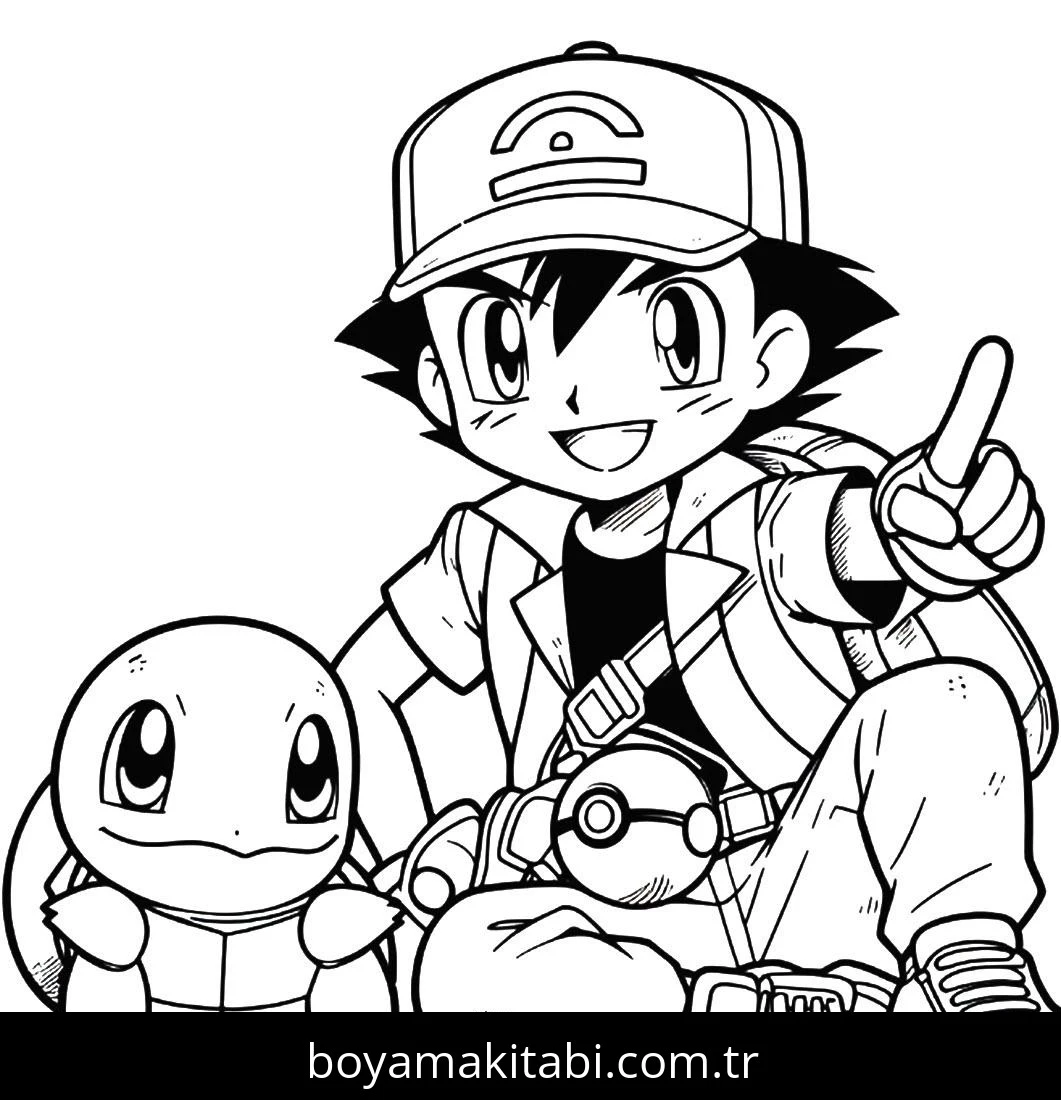 Ash Ketchum boyama sayfası – eğlenceli etkinlik, el becerilerini geliştirir
