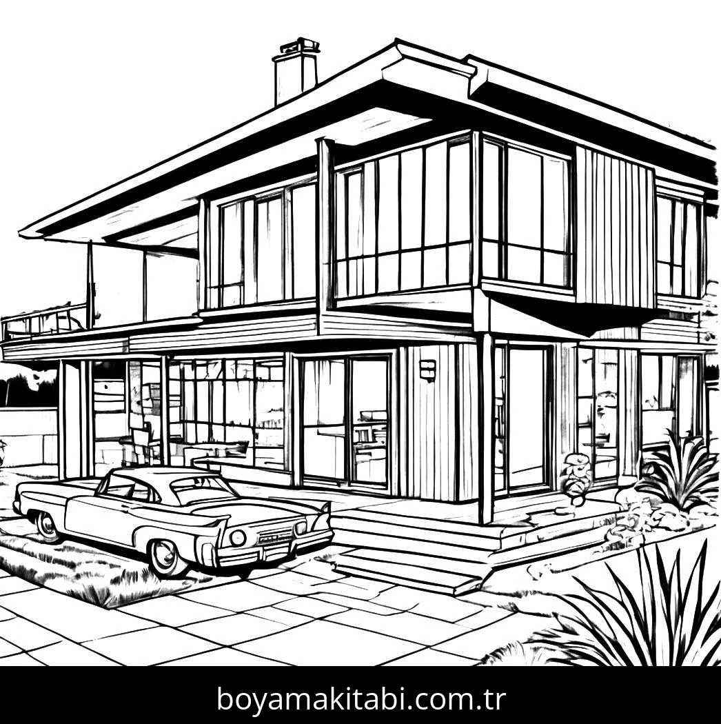 Evler boyama sayfası – sevimli karakter, sanatsal çalışma