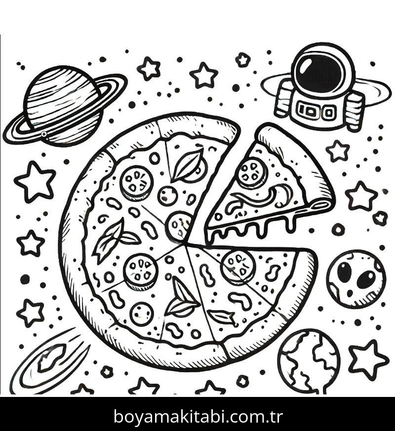 Pizza boyama sayfası – PDF indir, sevimli karakter