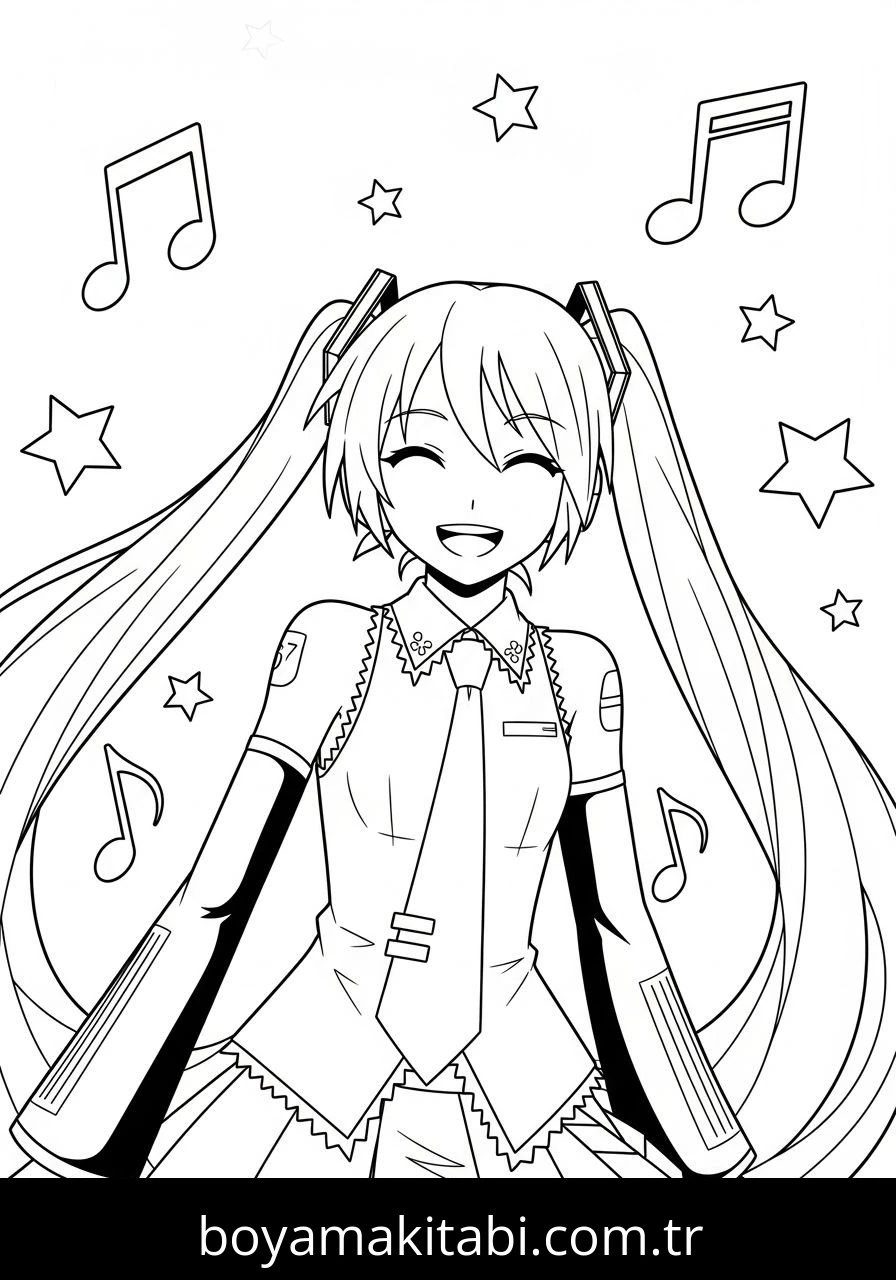 Hatsune Miku boyama sayfası – sevimli karakter, sanatsal çalışma