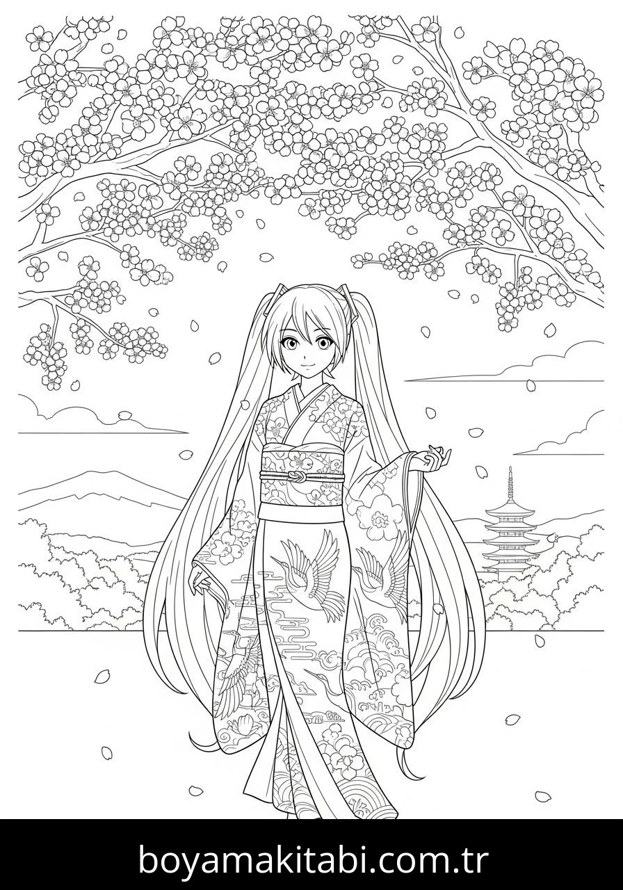 Hatsune Miku boyama sayfası – çocuk aktivitesi, PDF indir