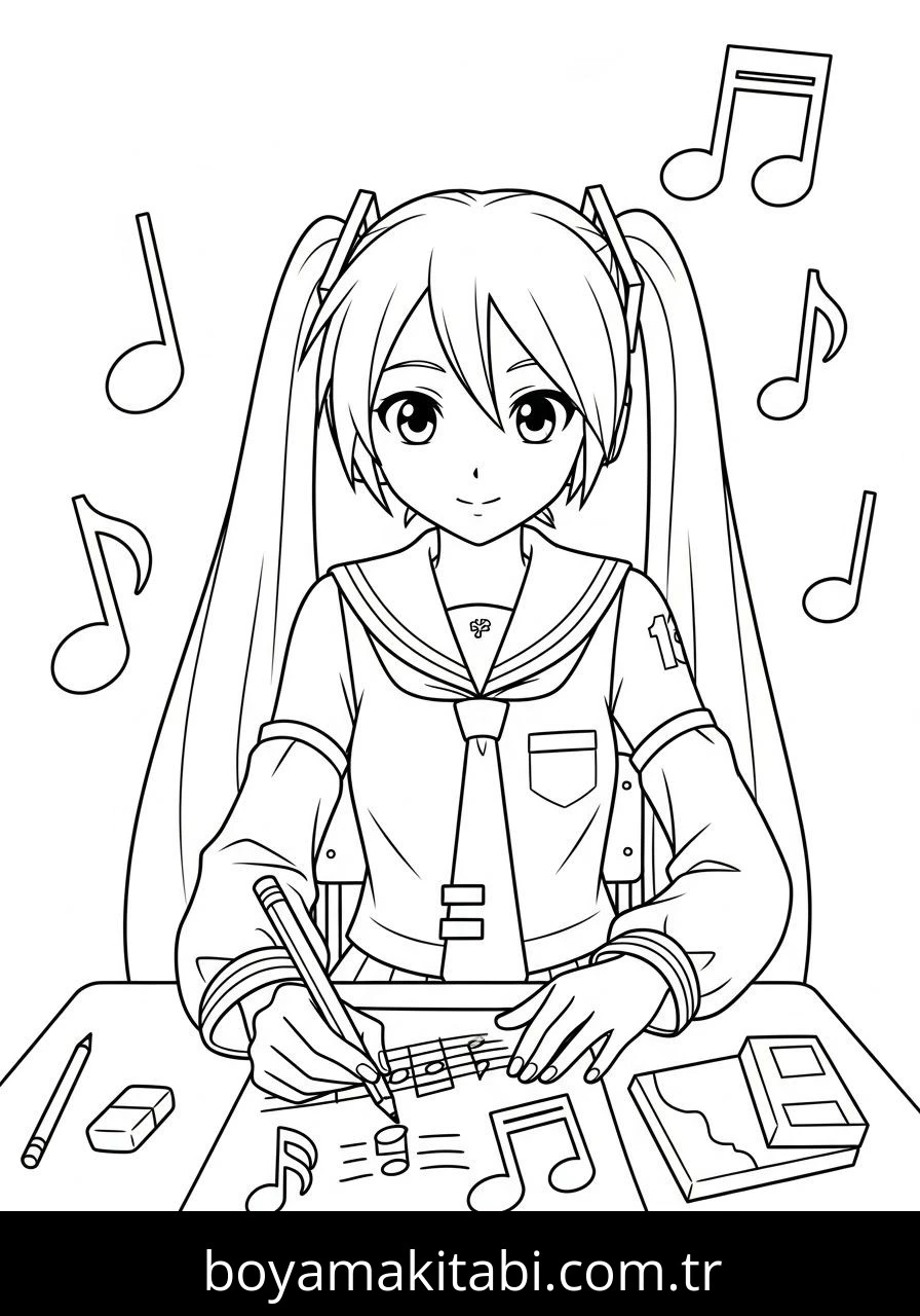Hatsune Miku boyama sayfası – eğlenceli etkinlik, el becerilerini geliştirir