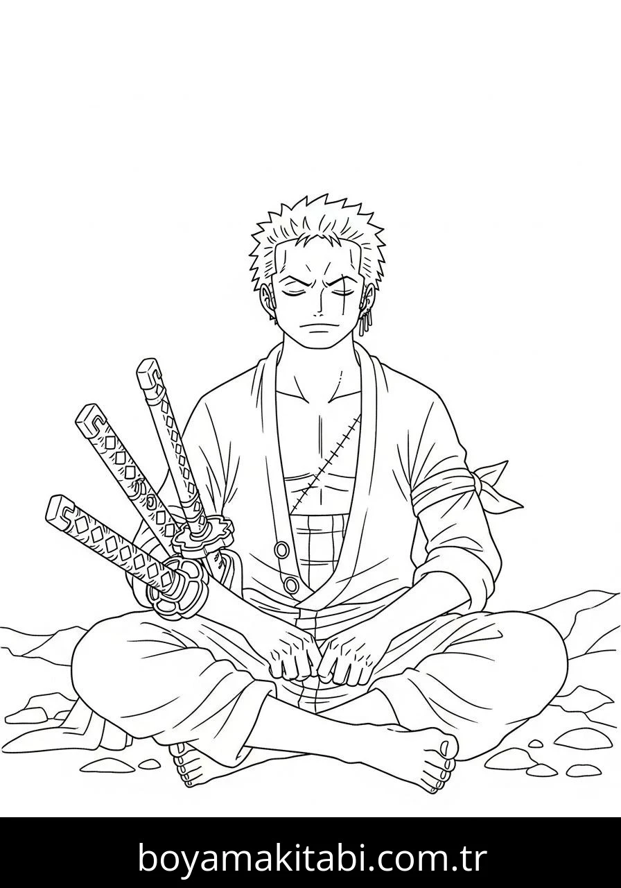 Roronoa Zoro boyama sayfası – kolay boyama, eğitici aktivite
