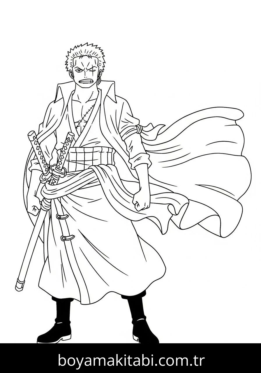 Roronoa Zoro boyama sayfası – sevimli karakter, sanatsal çalışma