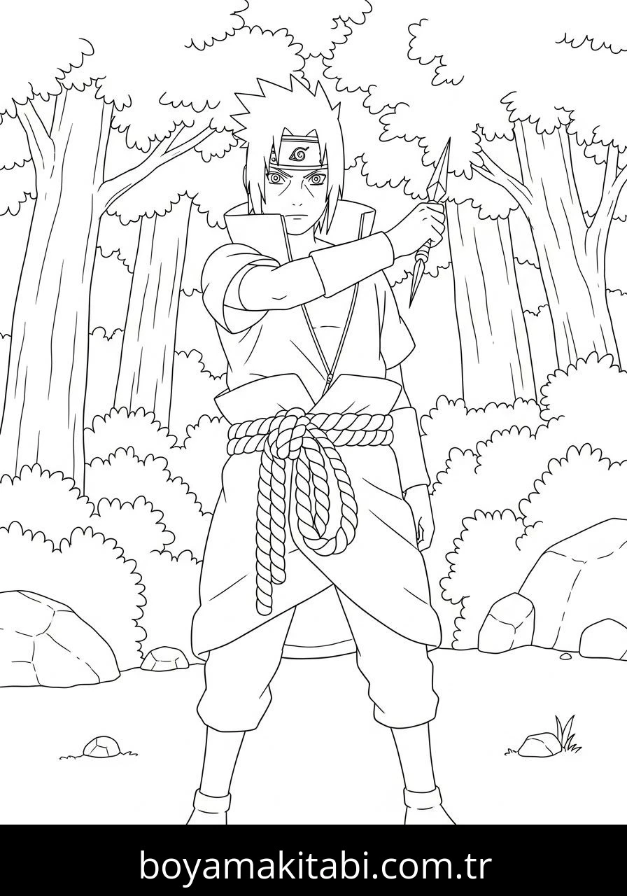 Uchiha Sasuke boyama sayfası – çocuk aktivitesi, PDF indir