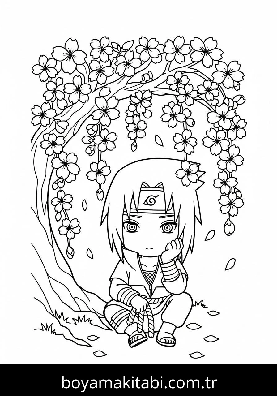 Uchiha Sasuke boyama sayfası – basit çizim, kolay boyama