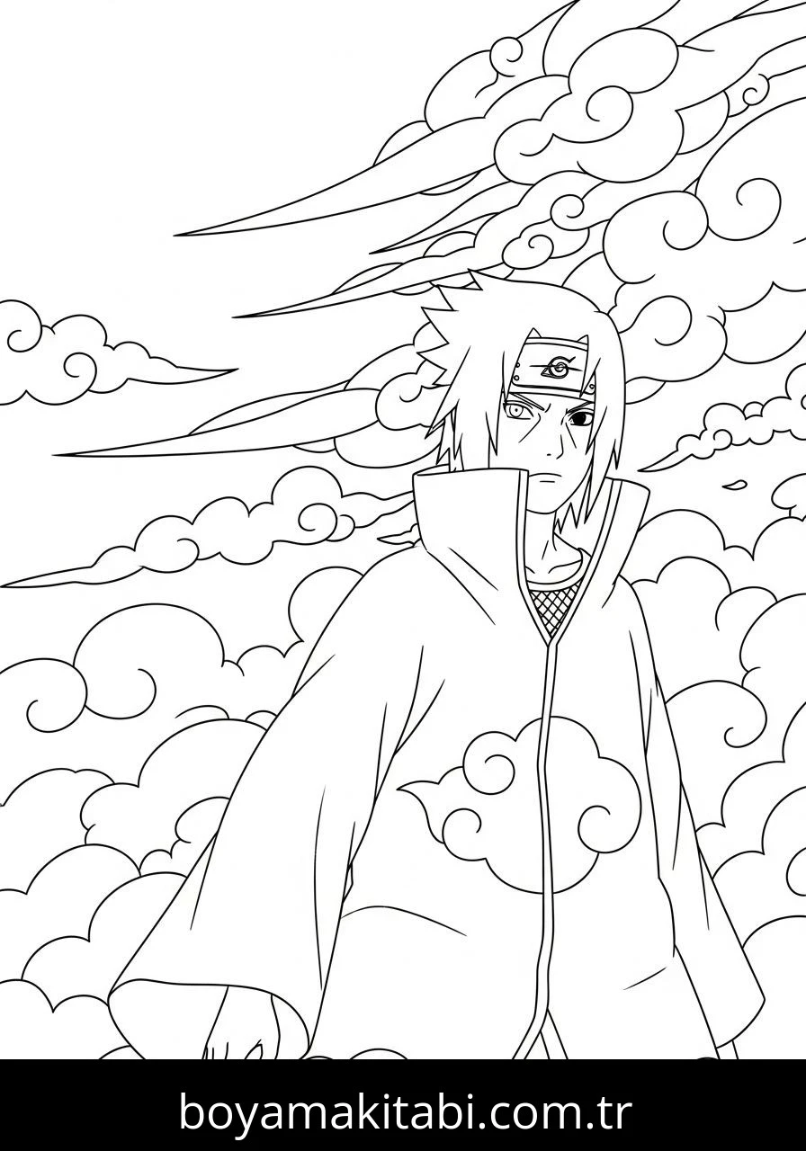 Uchiha Sasuke boyama sayfası – kolay boyama, eğitici aktivite