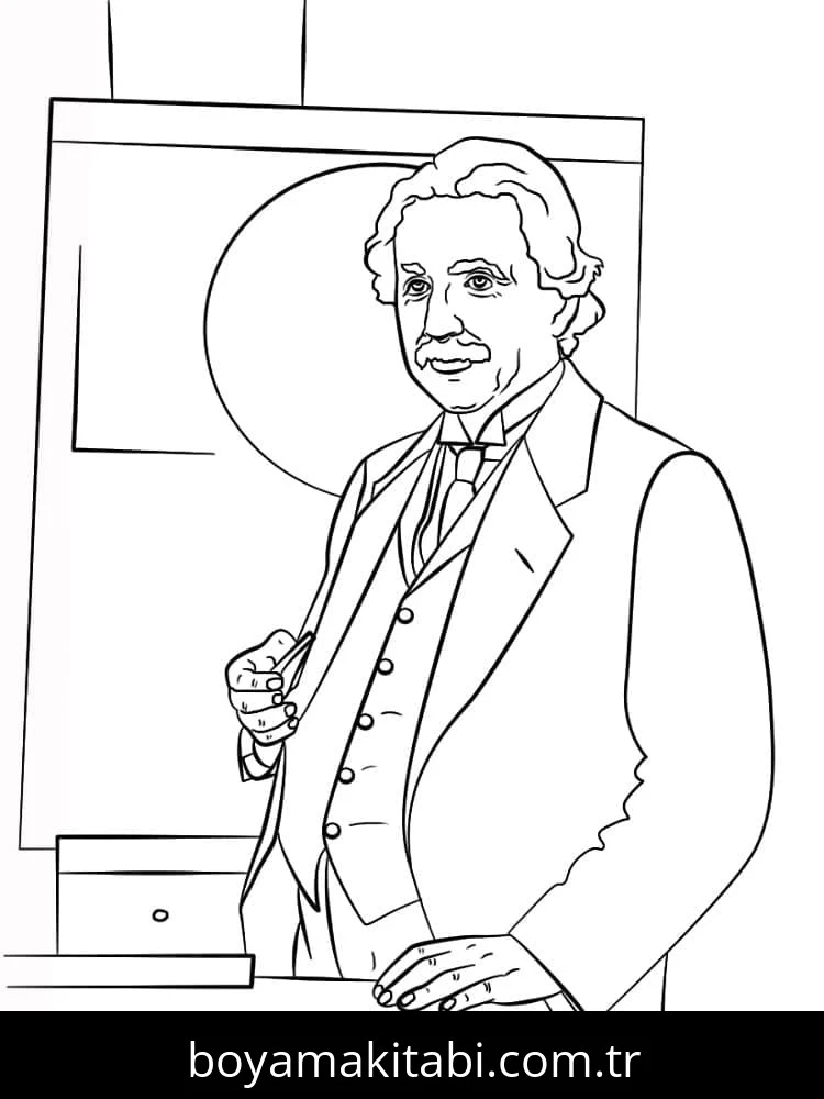 Albert Einstein boyama sayfası – sevimli karakter, sanatsal çalışma