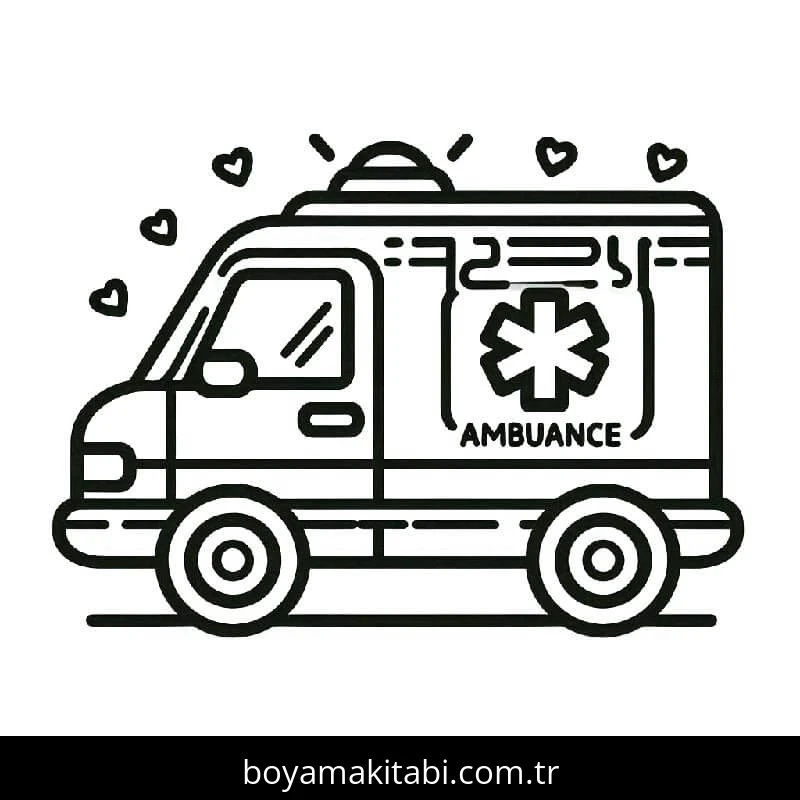 Ambulans boyama sayfası – çizgi film temalı, basit çizim