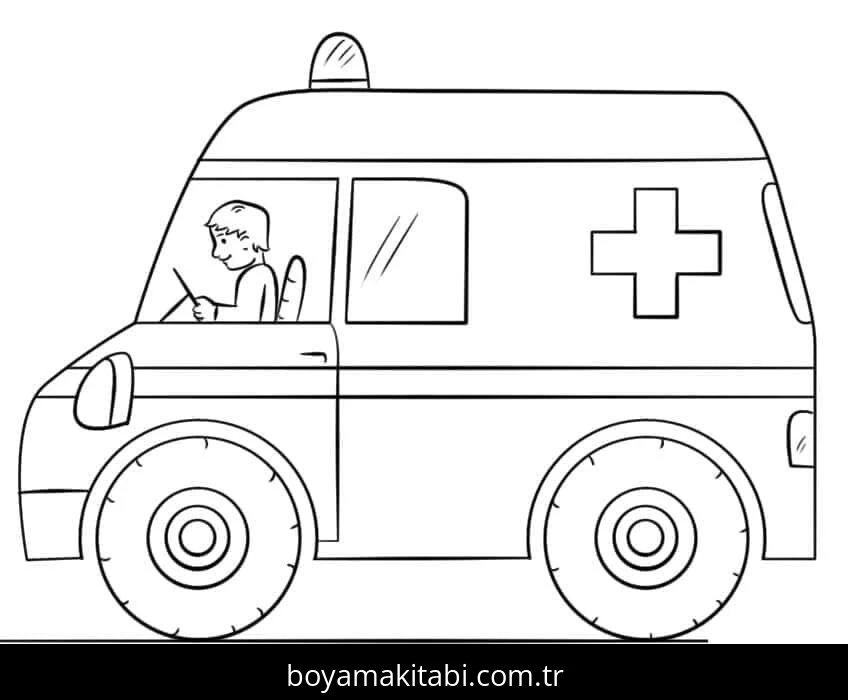 Ambulans boyama sayfası – çocuk aktivitesi, PDF indir